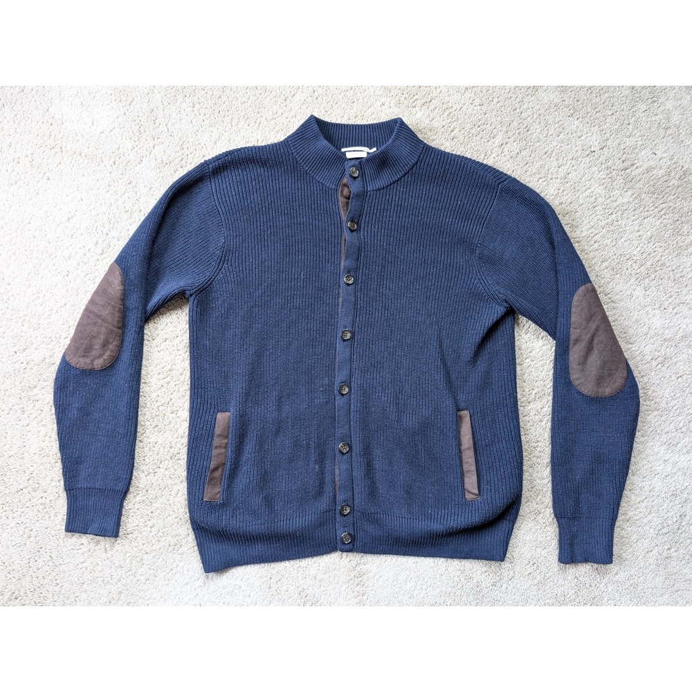 Peter Millar Button Down Wool Sweater‎ Mens Large Navy Elbow Patches Blue Knit